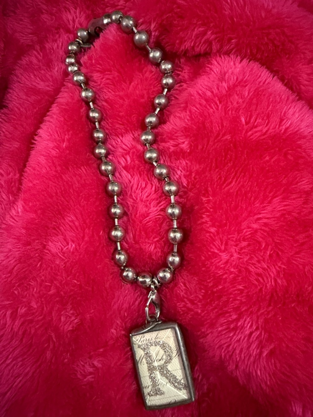 Silver Ball Chain Necklace with Rectangular Initial Pendant - Pink